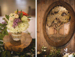Images of centerpiece and logo - Whispering Oaks Wedding Venue